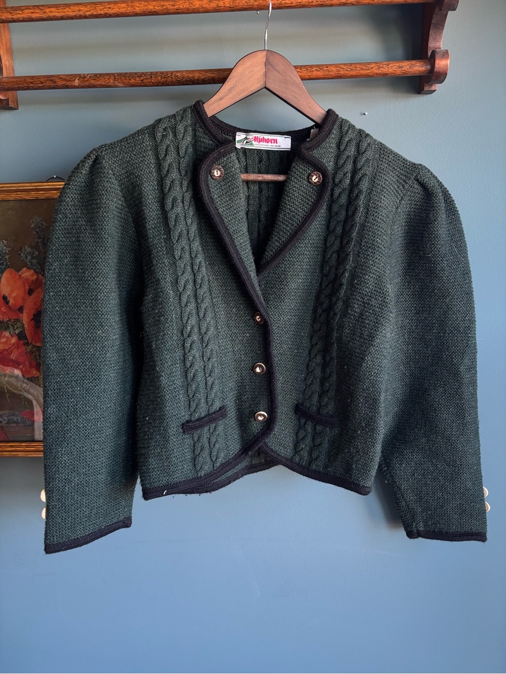 Vintage Alphorn Trachten Tyrolian Style Austrian Cardigan Pure New Wool